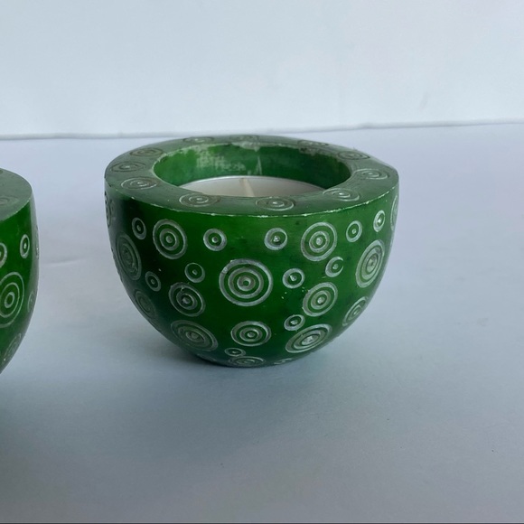 Soapstone Votive Candle Holders 2 Kelly Green Carved Round Etched swirled EUC - Picture 7 of 14